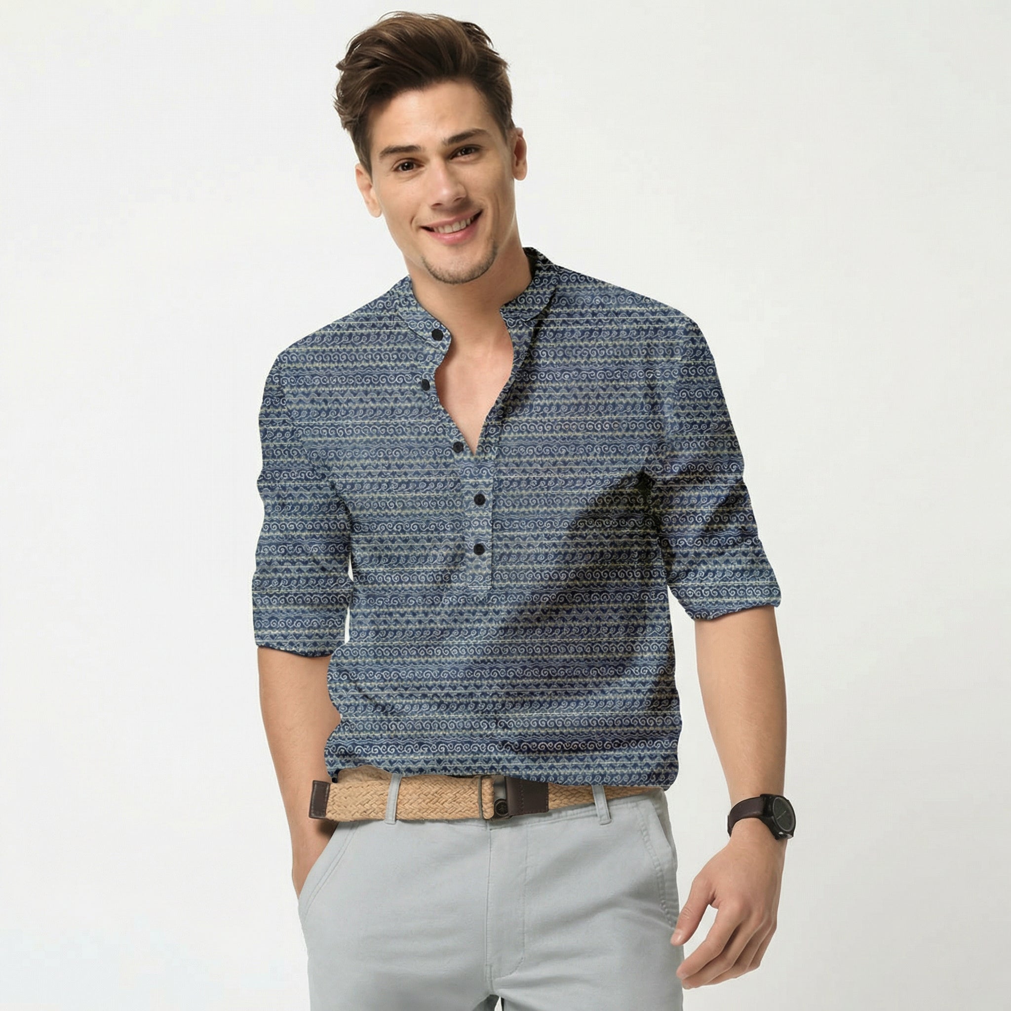 Men’s Printed Navy Blue Casual Shirt