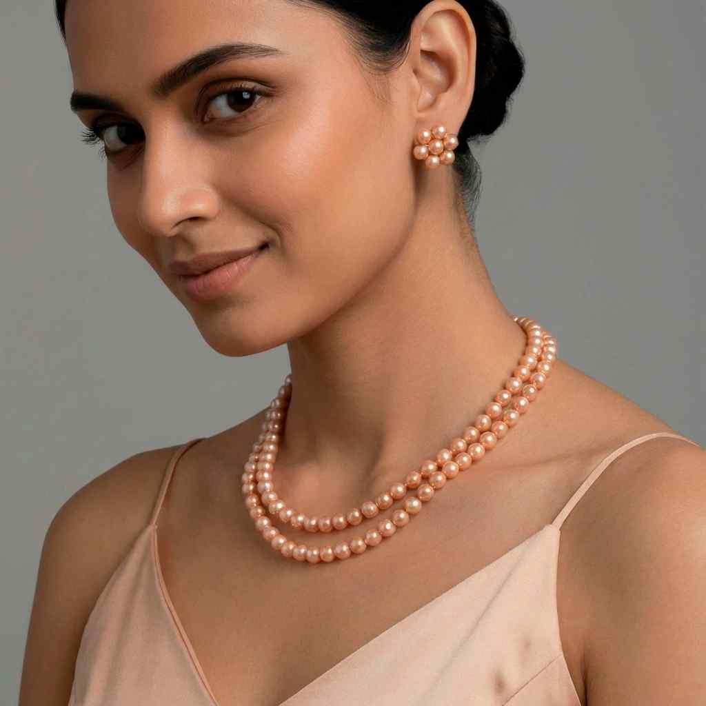 Golden Brown Pearl Necklace Set with Earrings