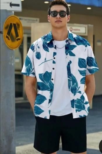 Men’s Leaf Print Regular Collar Shirt
