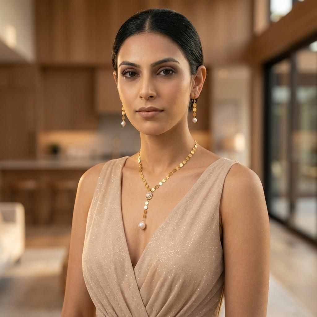 Gold Disc Necklace & Pearl Drop Earring Set