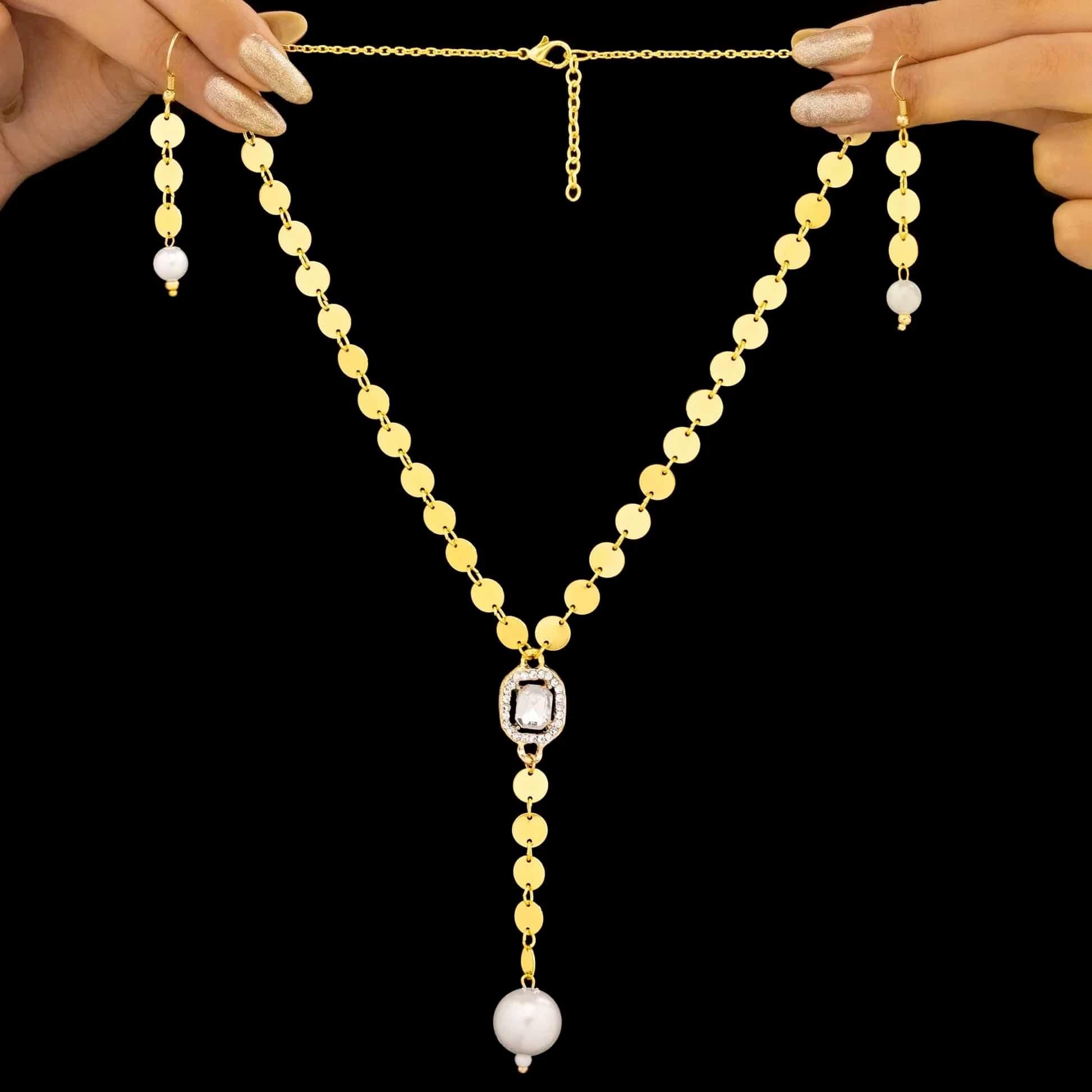 Gold Disc Necklace & Pearl Drop Earring Set