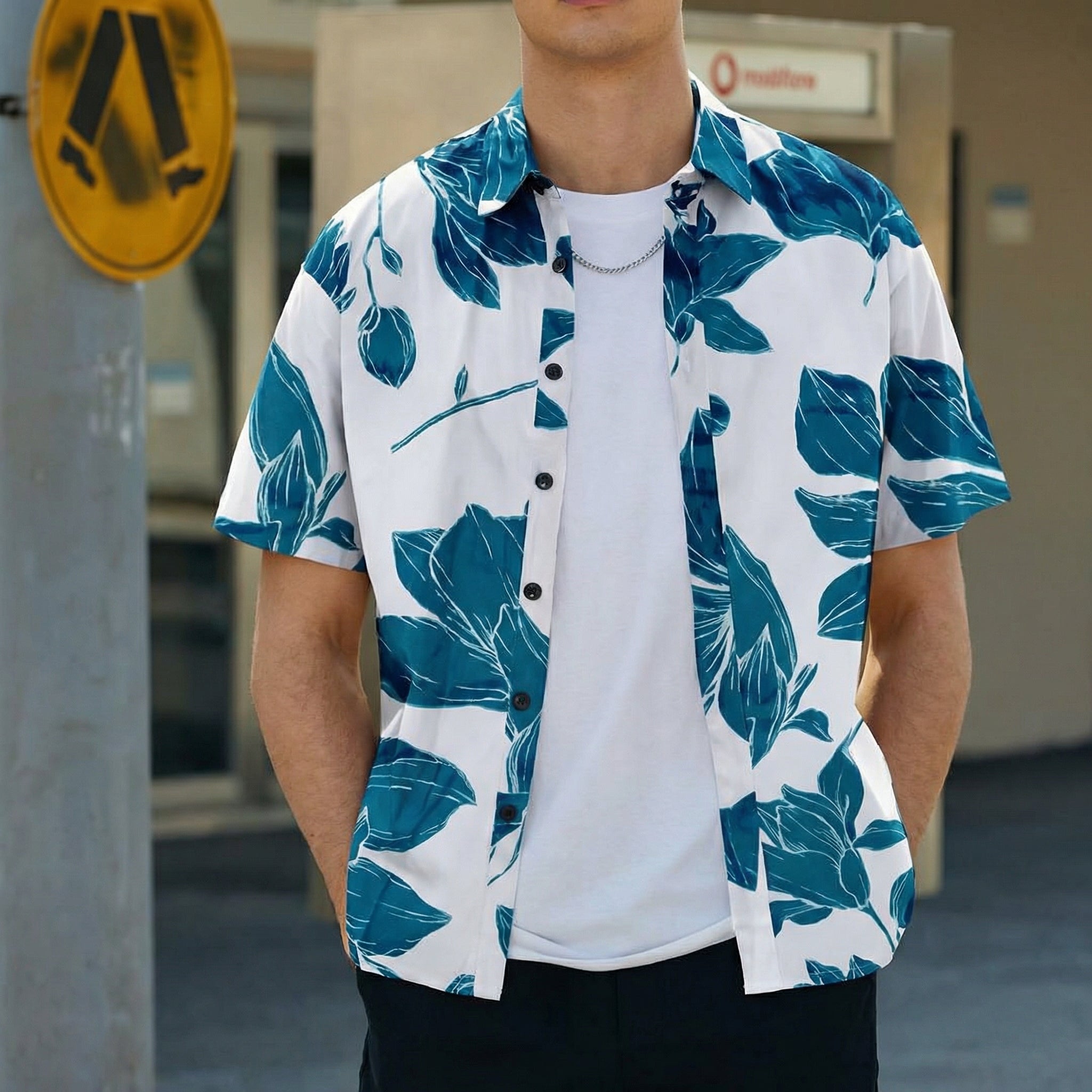 Men’s Leaf Print Regular Collar Shirt
