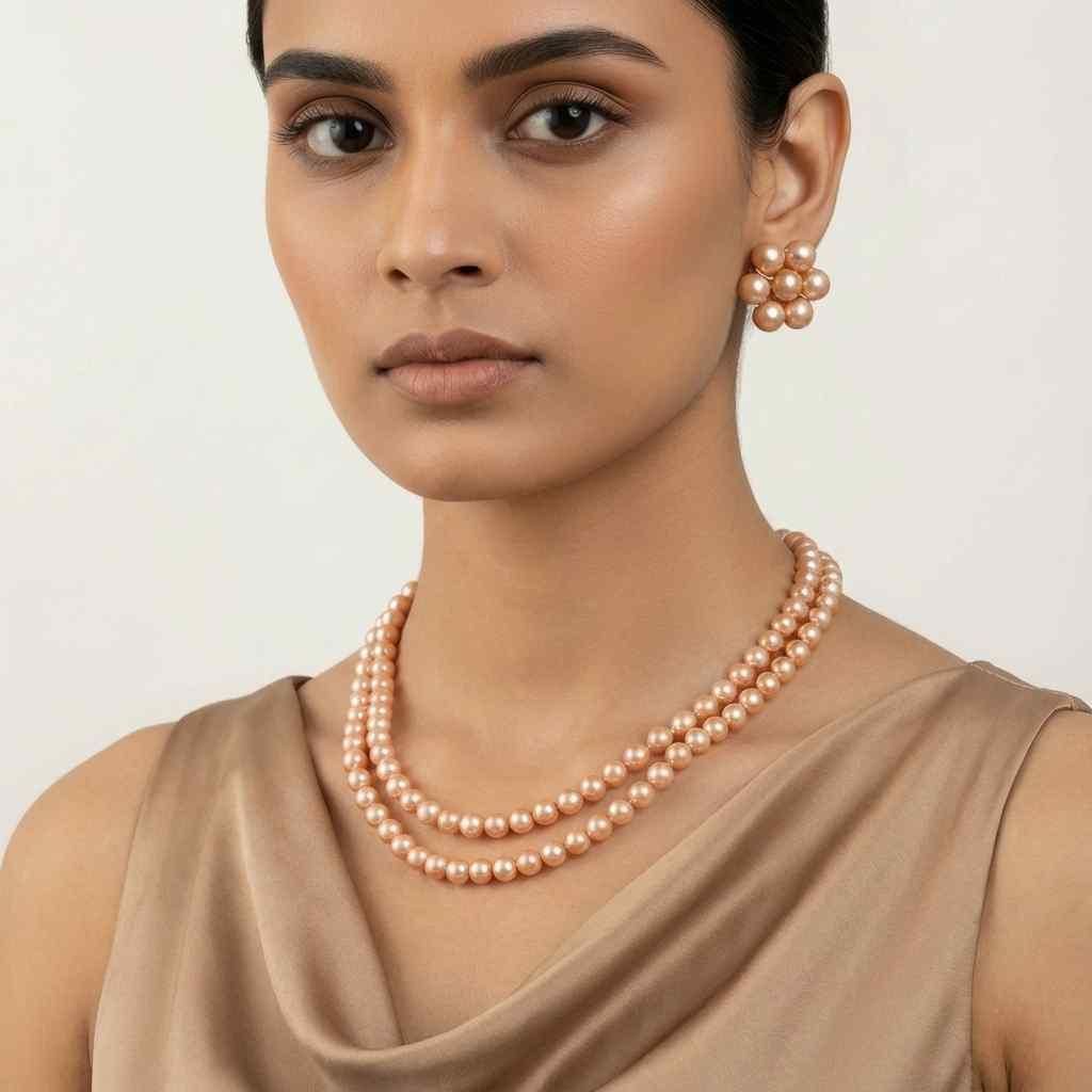Golden Brown Pearl Necklace Set with Earrings