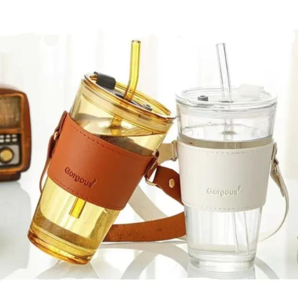 Glass Tumbler with Straw, Lid & Carry Strap